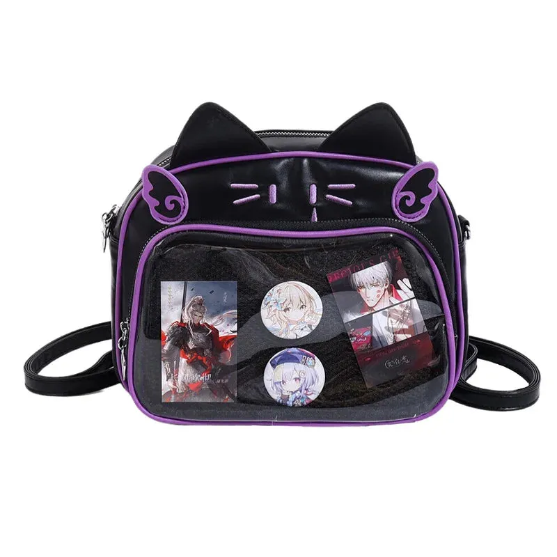 Amozae-Y2K Ita Bag Cat PU Backpack â€?Foldable, Adjustable Strap, Secure Zipper, Preppy Style Cute Schoolbag