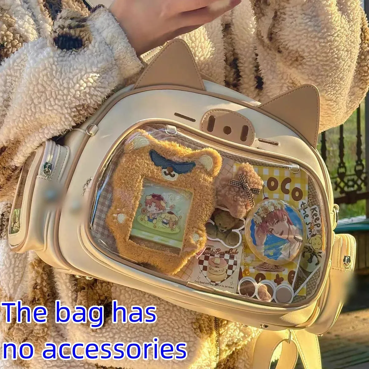 Amozae-Y2K Ita Bag Cat PU Backpack â€?Foldable, Adjustable Strap, Secure Zipper, Preppy Style Cute Schoolbag