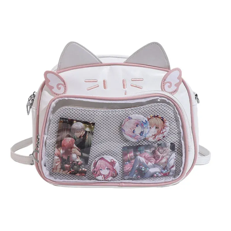 Amozae-Y2K Ita Bag Cat PU Backpack â€?Foldable, Adjustable Strap, Secure Zipper, Preppy Style Cute Schoolbag