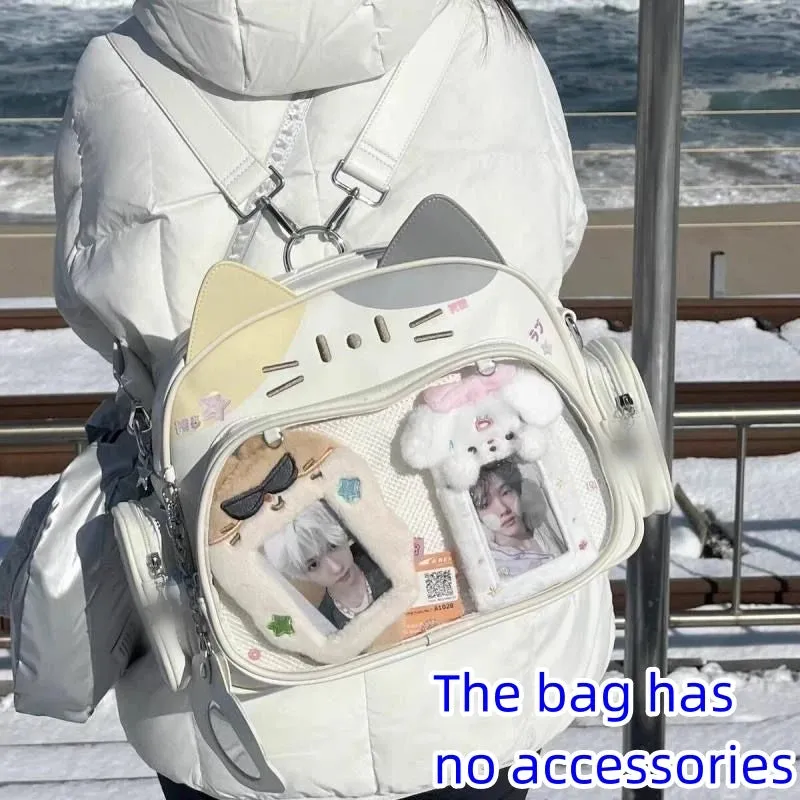 Amozae-Y2K Ita Bag Cat PU Backpack â€?Foldable, Adjustable Strap, Secure Zipper, Preppy Style Cute Schoolbag