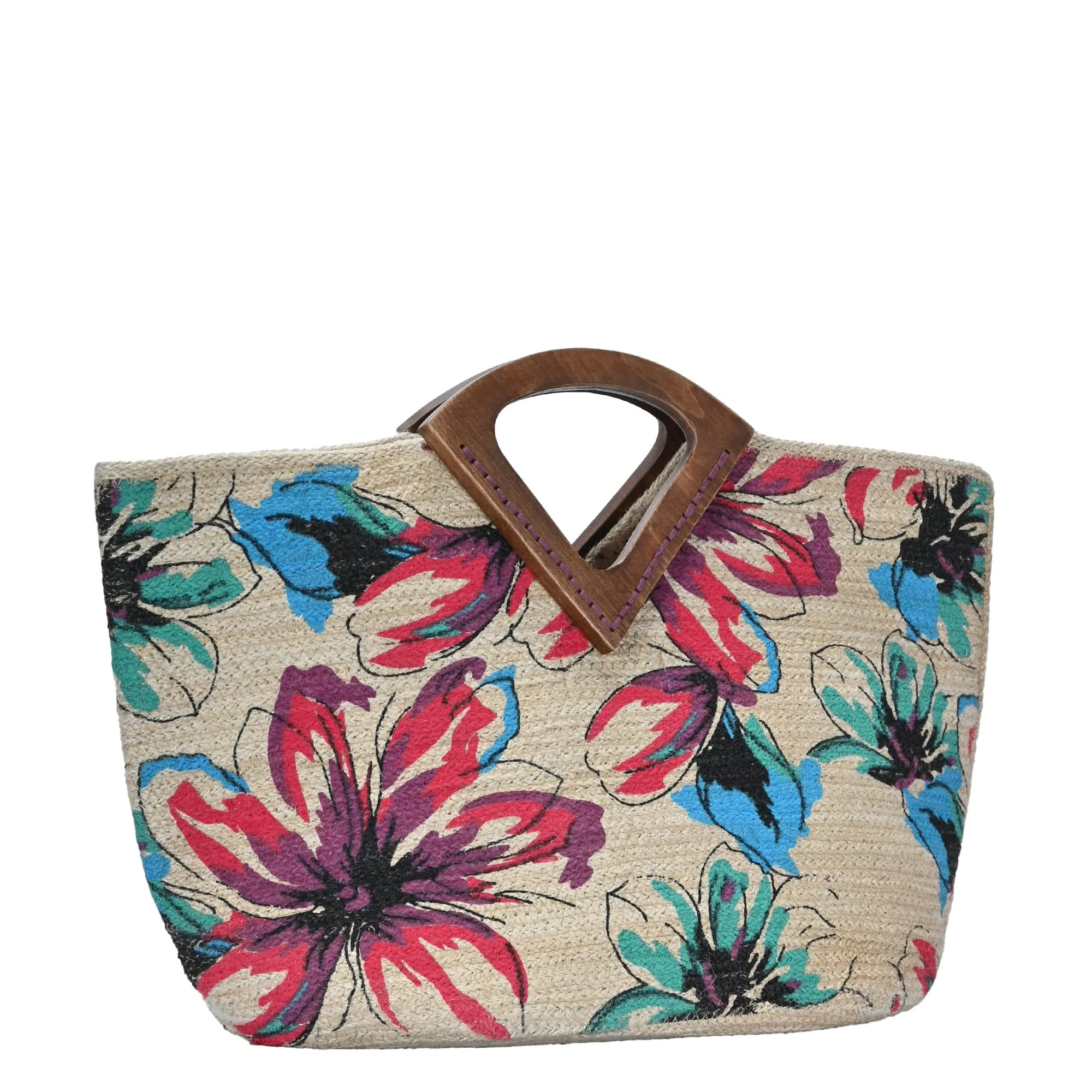 BGAIN206 Kaya Floral Print Jute Tote Bag With Wooden Handles
