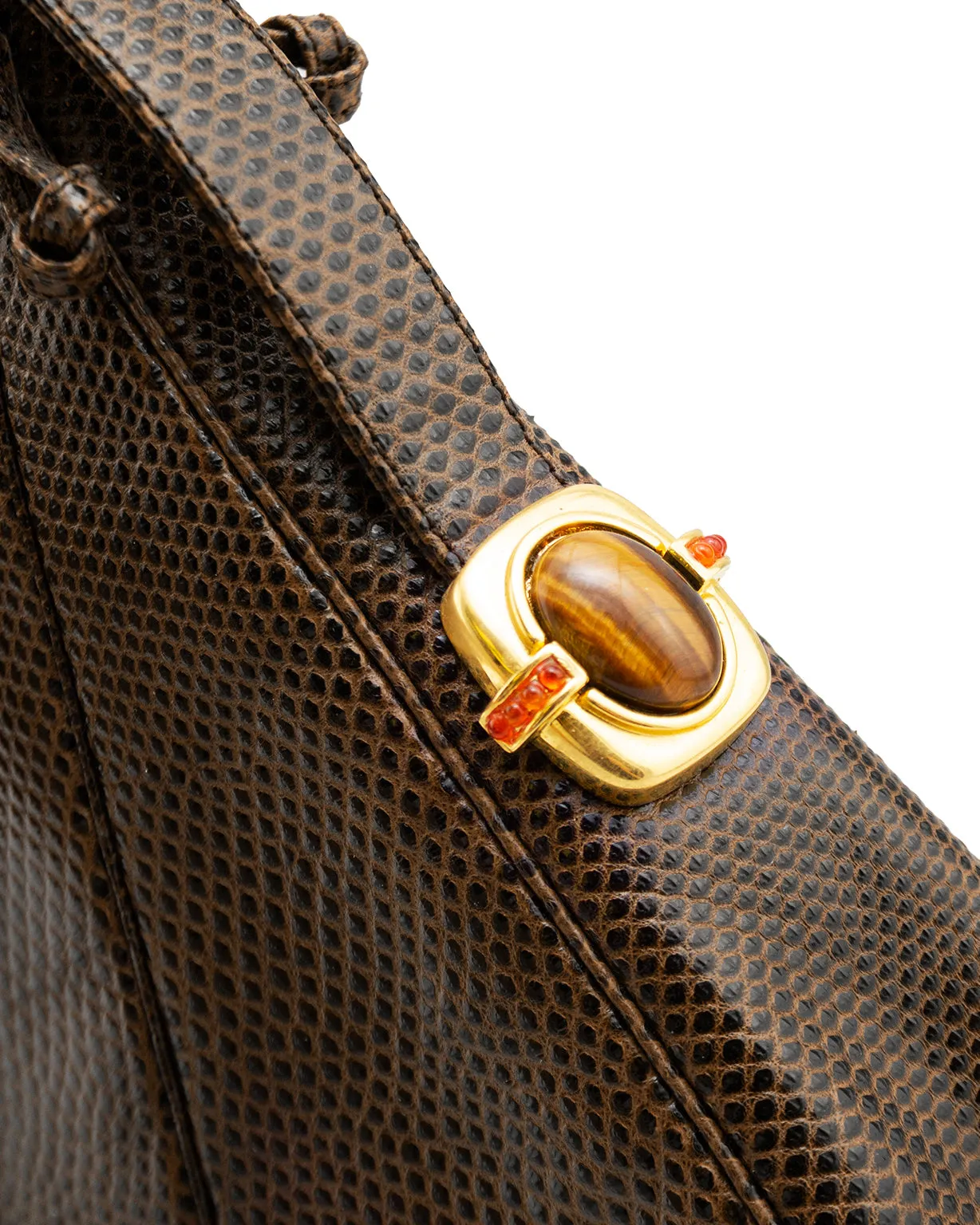 Brown Stamped Leather Bag with Tigers Eye Cabochons