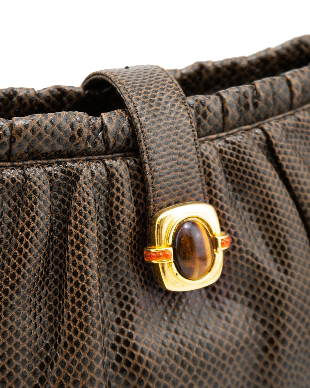 Brown Stamped Leather Bag with Tigers Eye Cabochons