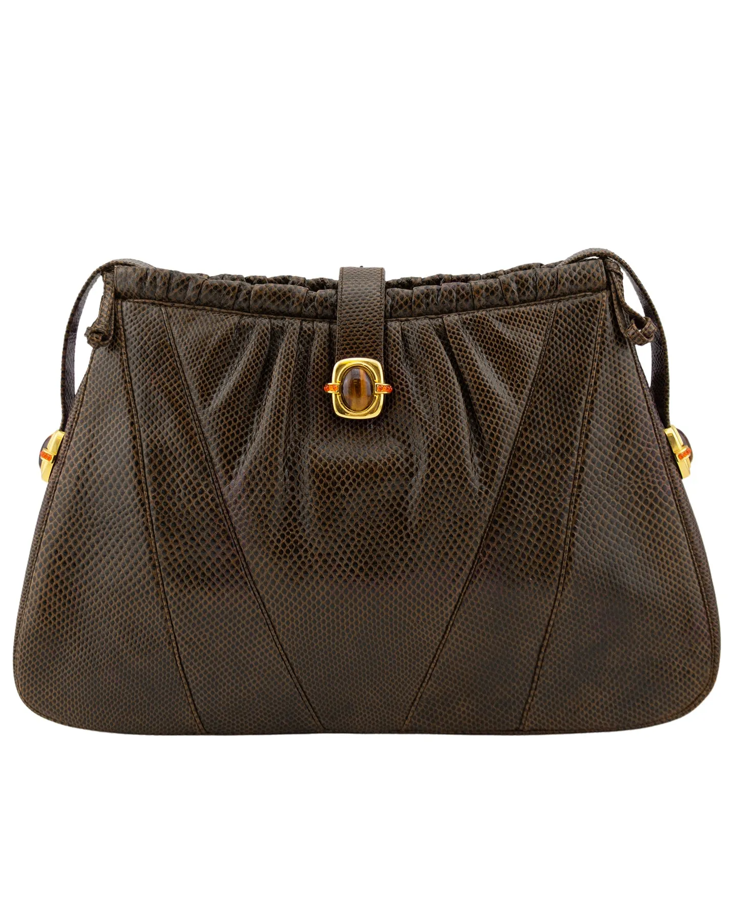 Brown Stamped Leather Bag with Tigers Eye Cabochons
