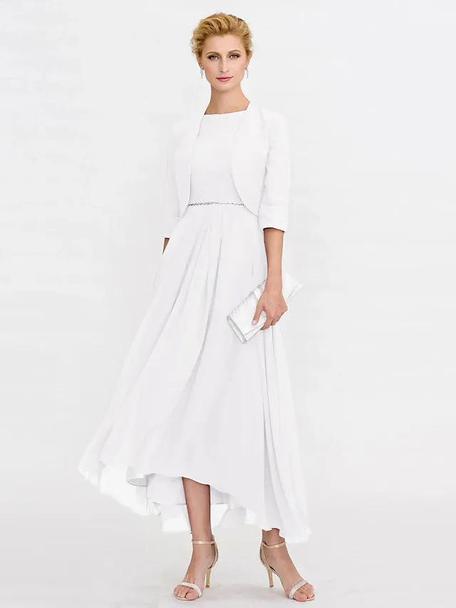 Luolandi Two Piece Ball Gown A-Line Mother of the Bride Dress Formal Church Convertible Dress High Low See Through Illusion Neck Asymmetrical Chiffon Lace 3/4 Length Sleeve