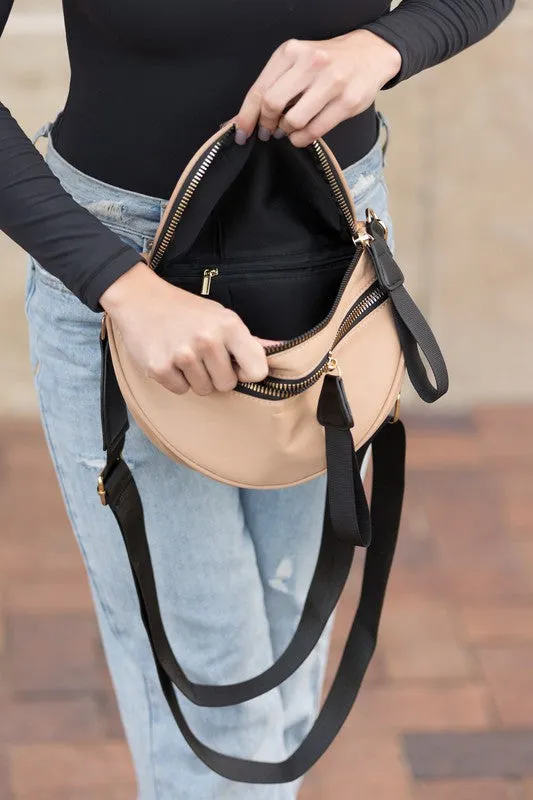 Nylon Crescent Sling Bag with Dual Zippers and Adjustable Strap