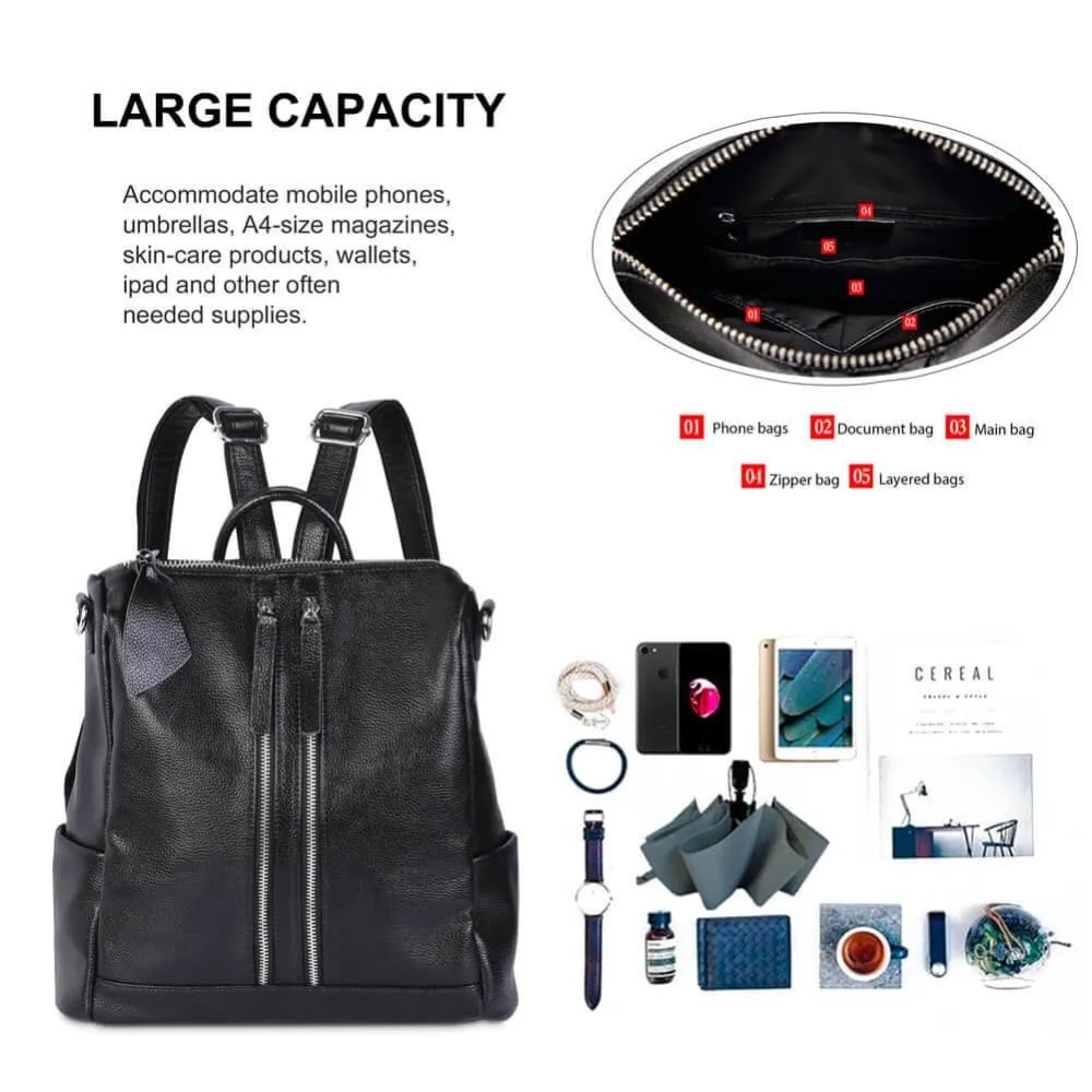 Vbiger Real Leather Backpack Large Capacity Tote Shoulder Messenger Bag for Women