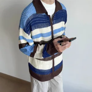 Wiaofellas  -  guys clothing styles Men's Hollow Out Patchwork Knit Luxury Zipper Cardigan Sweater Leisure Long Sleeve Solid Color Vintage Korean Popular Knitwear